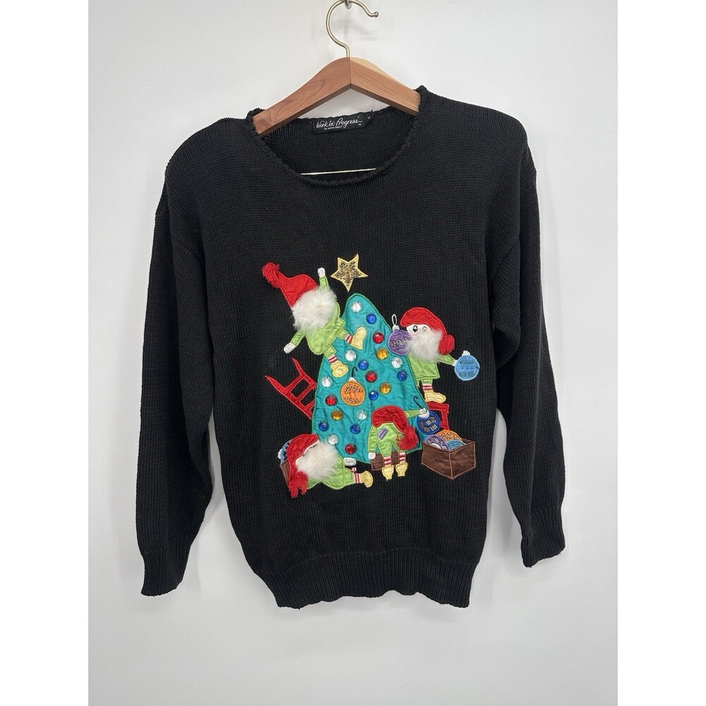 VTG Christmas Work in Progress Sweater Womens M Black Elves Tree Holiday Cot